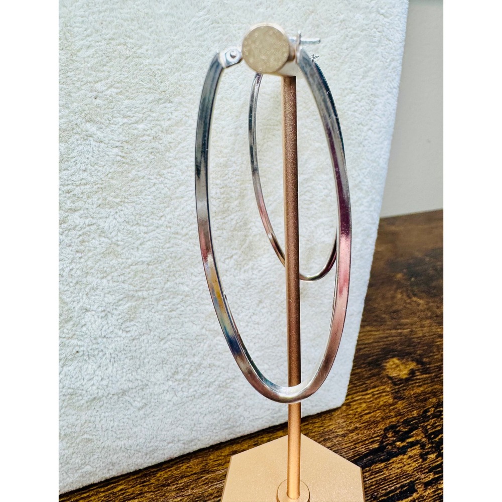 925 Sterling Silver Italian Elongated Oval Flat Hoop Earrings 2.5" Silver Y2K